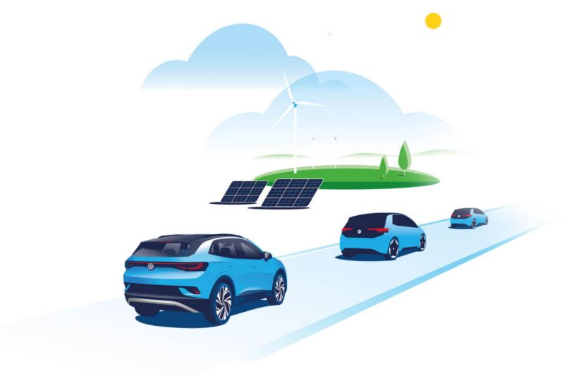 Ilustración de coches en una carretera con placas solares de fondo.
