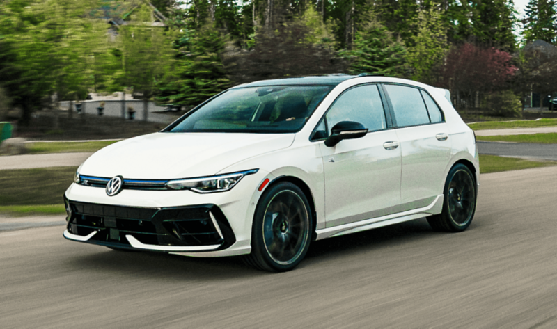 White Volkswagen Golf with 4MOTION All-Wheel Drive driving on a Canadian road, showcasing traction and control in all conditions.