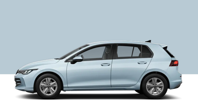 Side view of a Volkswagen Golf on a light blue background