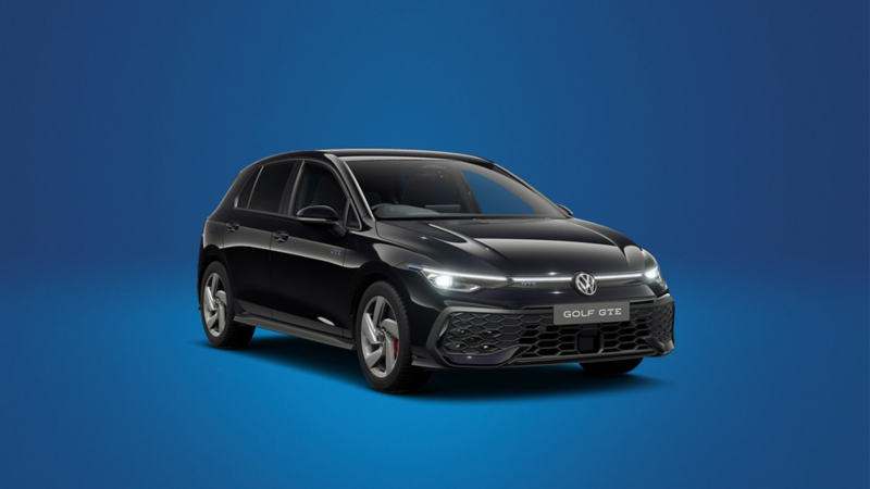 A front 3/4 shot of a Volkswagen Golf GTE set on a blue background