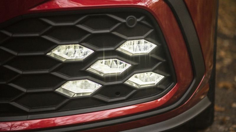 A close up of the LED fog lights on the 2024 Golf GTI