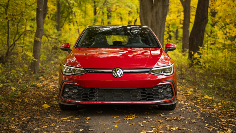 Une Golf GTI 2024 rouges est garée dans une forêt.