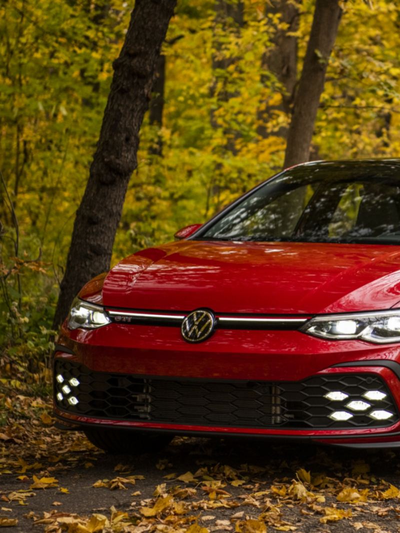 A ¾ view of a 2024 Golf GTI parked in the forest