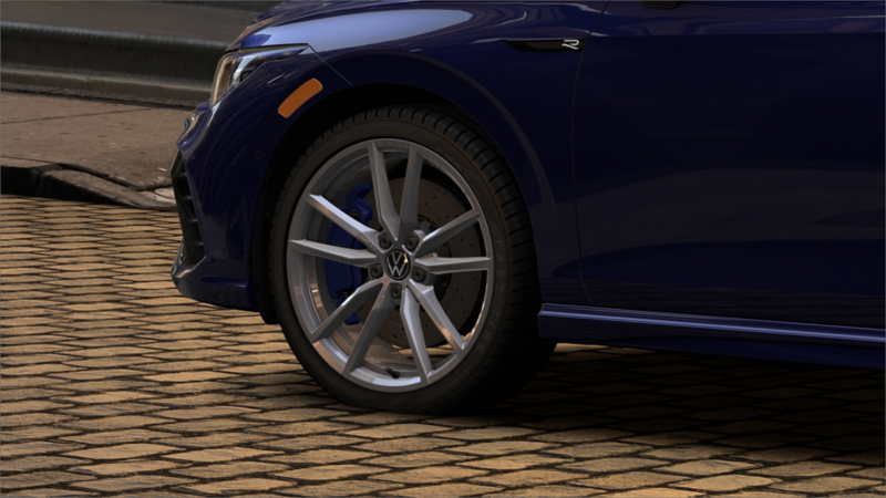 Un gros plan des roues « Estoril » de 19 po de la Golf R 2024.