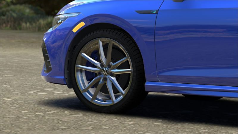 A close of up of a 2024 Golf R wheel