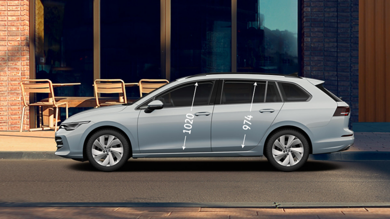 Side view of a silver VW Golf Estate with front and rear door height dimensions displayed