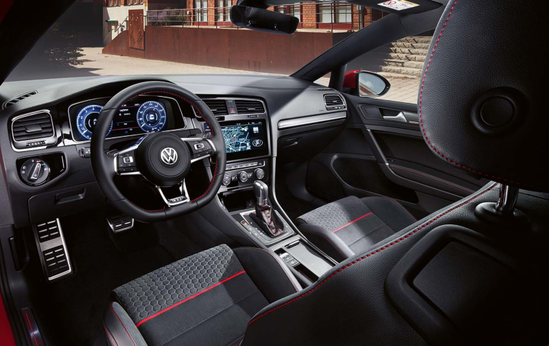 The Golf GTI interior view with red stitching finish
