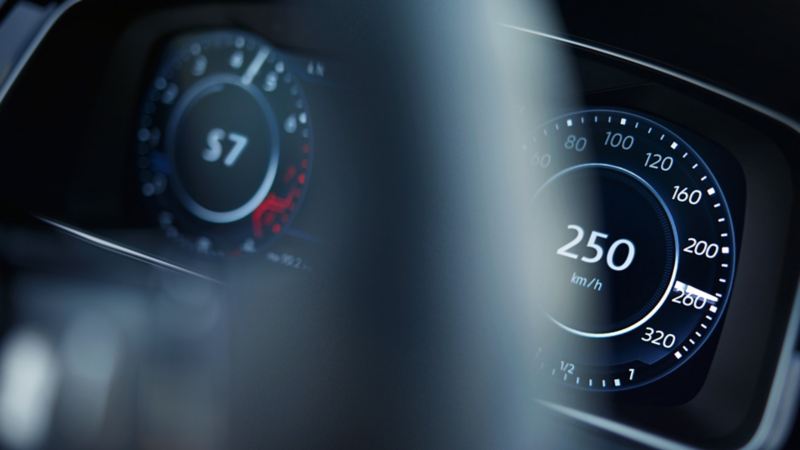 The Volkswagen Golf R's active info display, close up, showing top speed