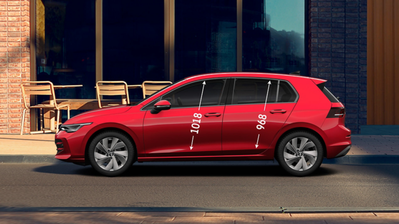 Side view of a red VW Golf with front and rear door height dimensions displayed