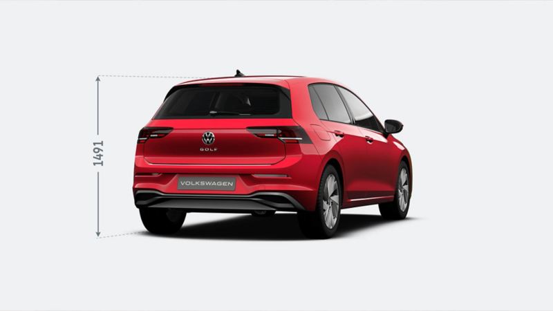 Rear three-quarter view of a red VW Golf with the height displayed