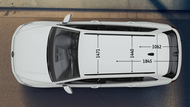 Top view of a silver VW Golf Estate with the boot depth dimensions displayed with the rear seats up and down