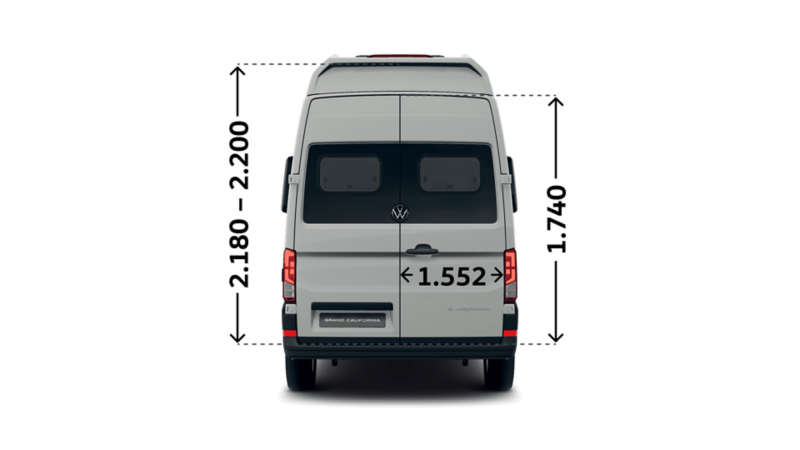 Måttskiss VW Grand California 600: bakdörr bredd 1 552 mm, höjd 1 740 mm.