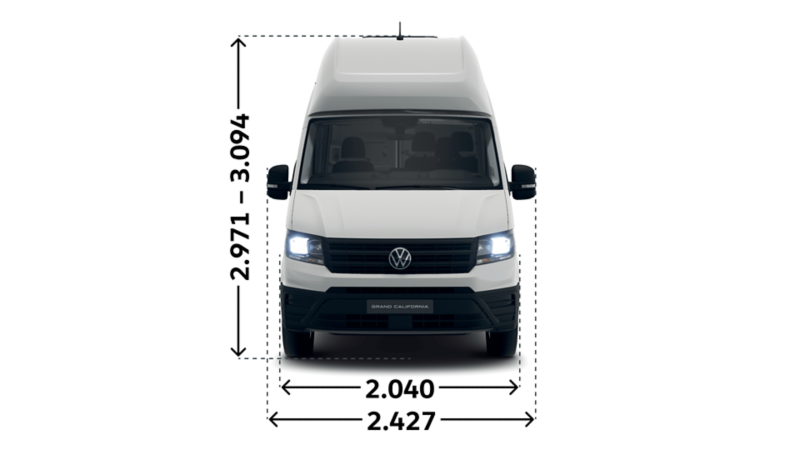 Måttskiss VW Grand California 600: höjd 2 917-3 094 mm, bredd 2 040 mm, inkl backspeglar 2 427 mm.