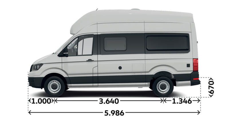 Måttskiss VW Grand California 600: Längd 5 986 mm, längd mellan hjulhus 3 640 mm.