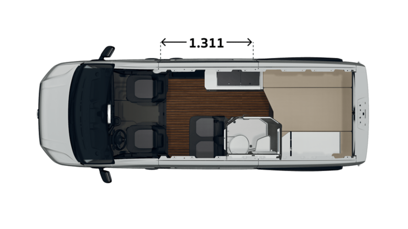 Måttskiss VW Grand California 600: skjutdörr bredd 1 311 mm.