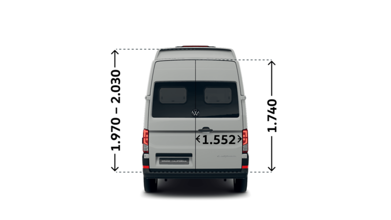 Måttskiss VW Grand California 680: bakdörr bredd 1 552 mm, höjd 1 740 mm.