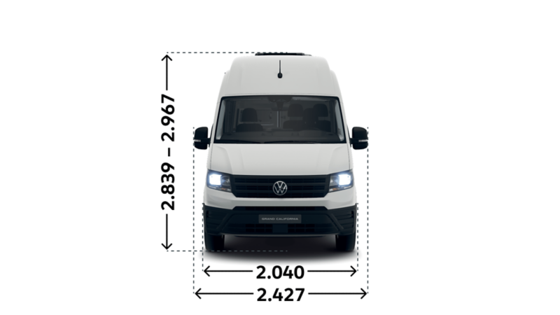 Måttskiss VW Grand California 680: höjd 2 839-2 967 mm, bredd 2 040 mm, inkl backspeglar 2 427 mm.