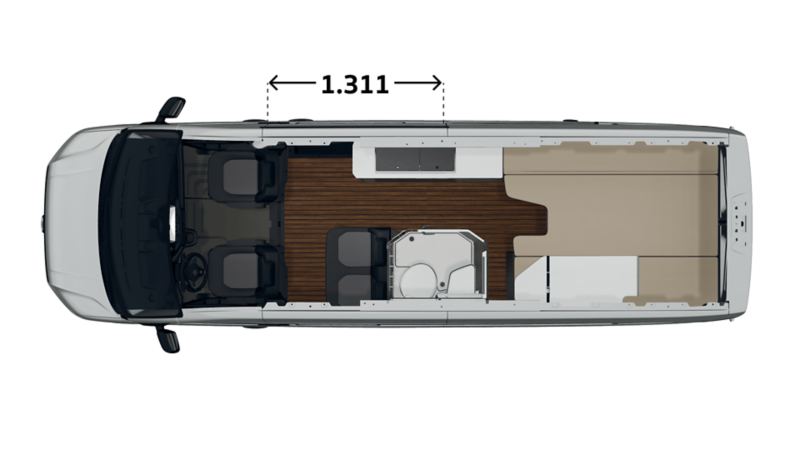 Måttskiss VW Grand California 680: skjutdörr bredd 1 311 mm.