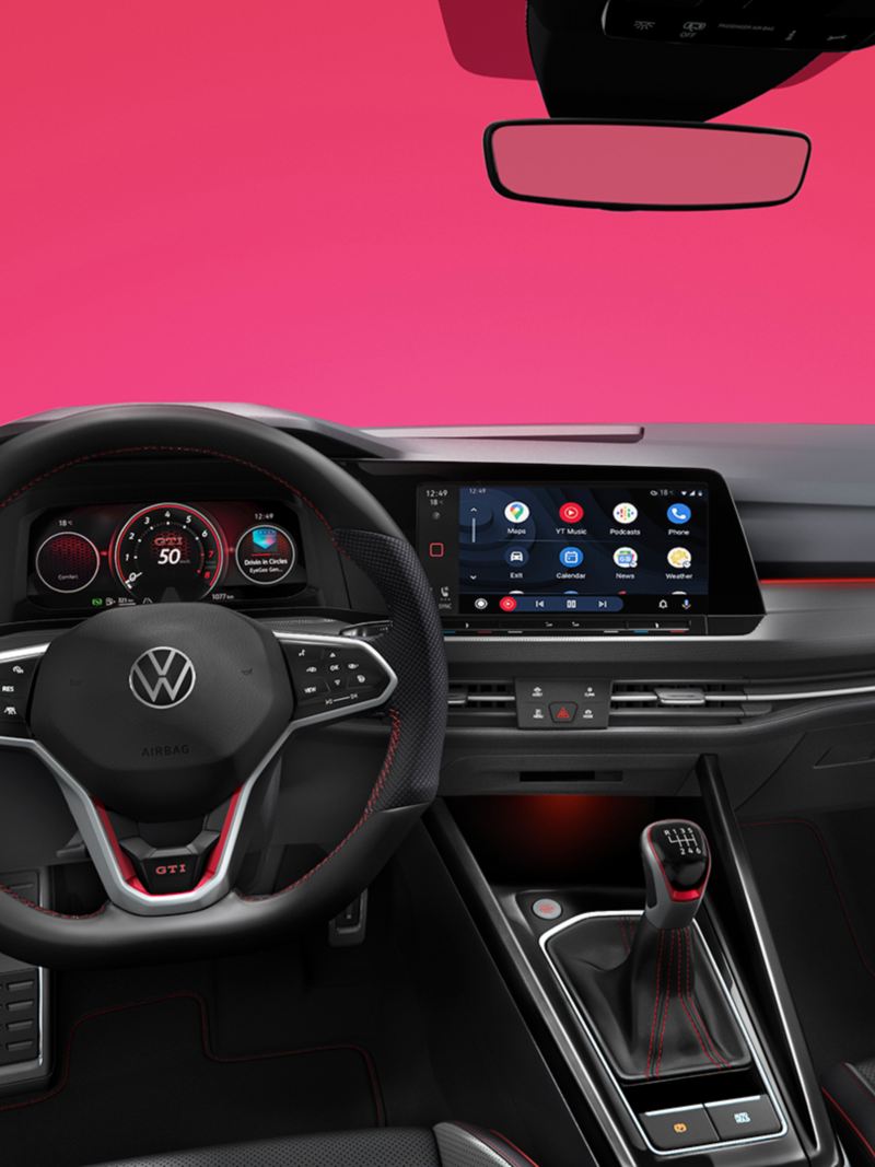 A close up of the steering wheel in the 2024 Golf GTI