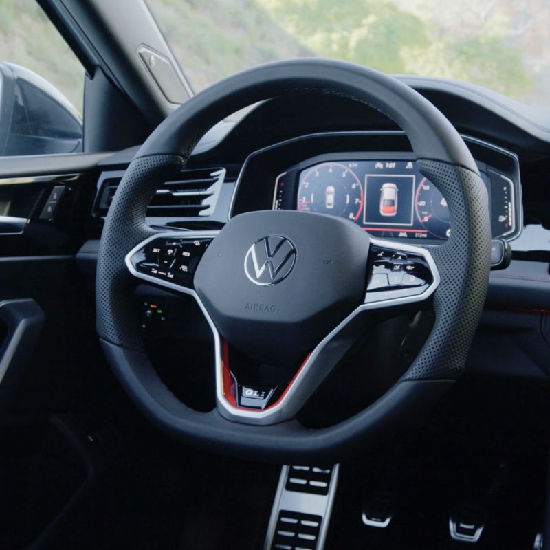 Close-up of the heated steering wheel in the Jetta GLI 2025.