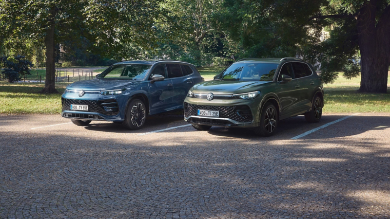 blue and green plug in hybrids parked under trees