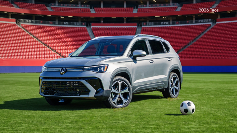 A Volkswagen Taos is on a green soccer field, with a soccer ball placed near the front of the car. In the background are rows of empty red stadium seats and red-and-blue banners.