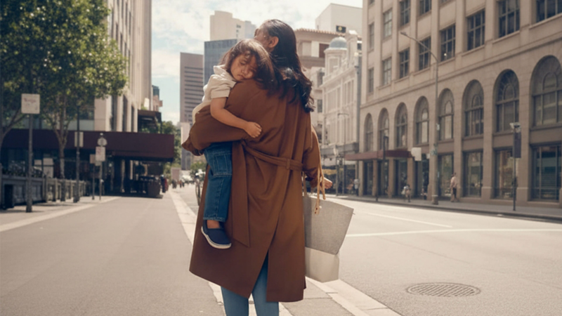 Une femme marchant au milieu d’une rue urbaine presque déserte, portant un enfant endormi dans ses bras. Elle tient un sac de magasinage, entourée de grands immeubles de centre-ville sous un ciel ensoleillé.
