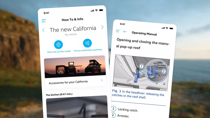 Two screenshots from the California app on the topic of “How to & Info. In the background: a coastal landscape out of focus. 