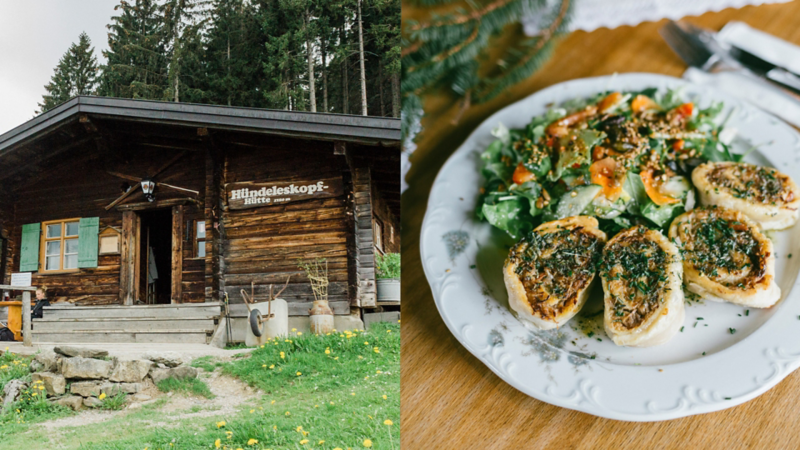 Collage aus zwei Bildern: Links die urige Hündeleskopfhütte von außen. Rechts ein schön angerichtetes, herzhaftes vegetarisches oder veganes Gericht auf einem Teller.