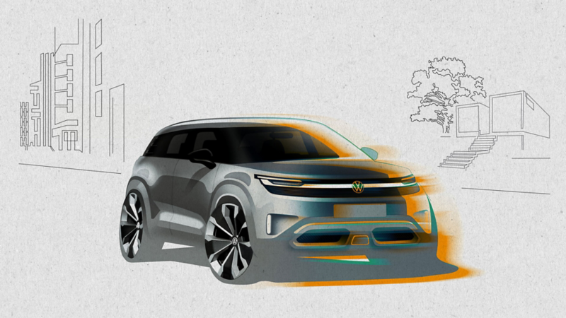 Illustration of a new all-electric Volkswagen show car with a sporty design and glowing accents.