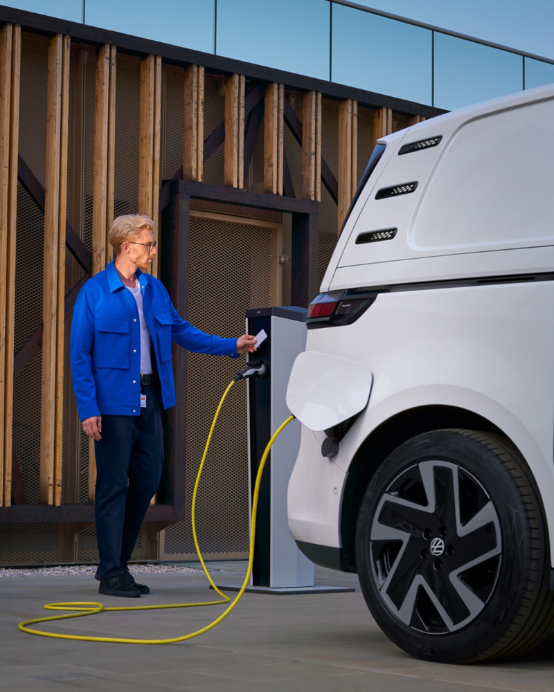 Charging the ID. Buzz Cargo at a charging station.