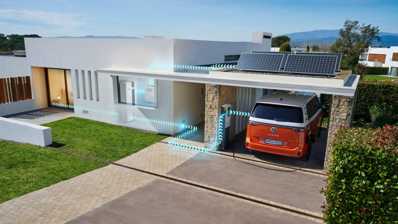 Ein VW ID. Buzz steht unter dem Carport eines modernen Hauses und wird durch die Photovoltaik-Anlage aufgeladen.