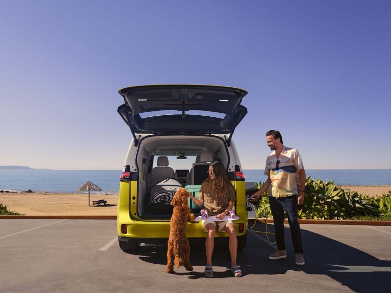 a family sitting in the open boot of a yellow ID. Buzz by the beach