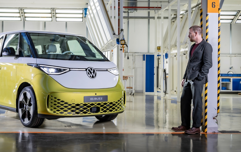 Obi Wan Kenobi actor and Volkswagen brand ambassador Ewan McGregor looks at the new VW ID. Buzz. 