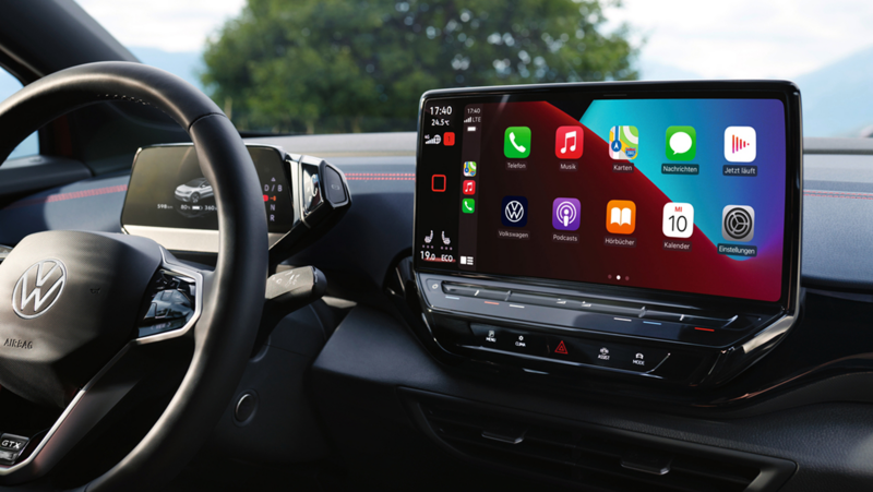 Detailshot van een Volkswagen ID.5 GTX interieur, de focus ligt op het infotainmentscherm met apple carplay