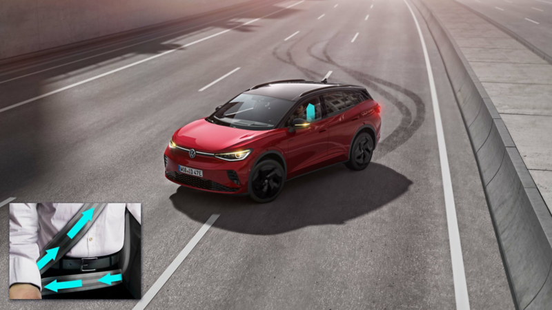 VW ID.4 GTX: Το σχέδιο δείχνει την υποστήριξη από το προαιρετικό σύστημα προληπτικής προστασίας επιβατών.