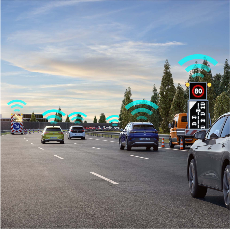 Graphic illustrating VW vehicles communicating with each along a road. 