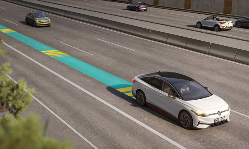 Représentation graphique d'une VW ID.7 avec 'Emergency Assist'.