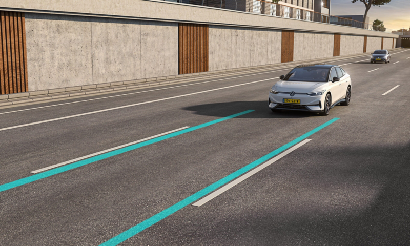 Graphic shows how Side Assist works in the VW ID.7. 