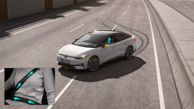 The schematic illustration shows how the proactive occupant protection system works using a VW ID.7 as an example.