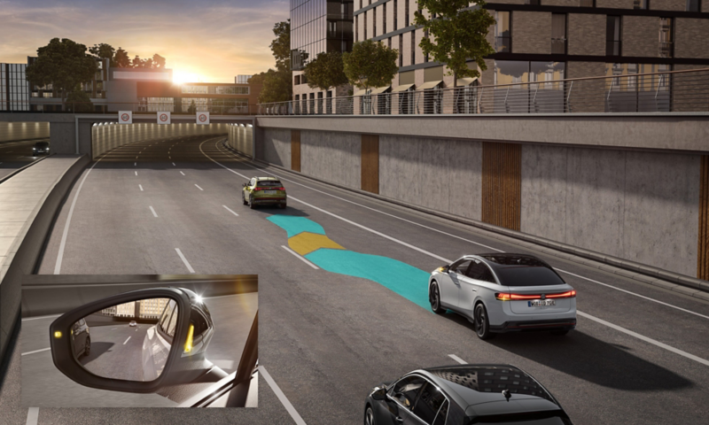 Graphic shows how Side Assist works in VW ID.7. 