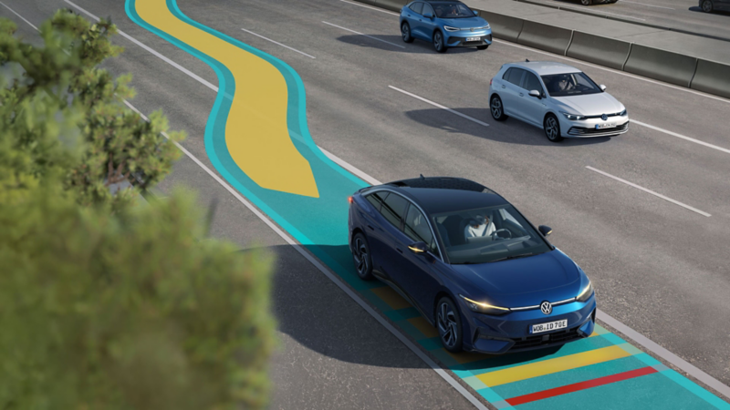 L’illustration schématique montre le fonctionnement d’Emergency Assist à l’aide d’une VW ID.7.
