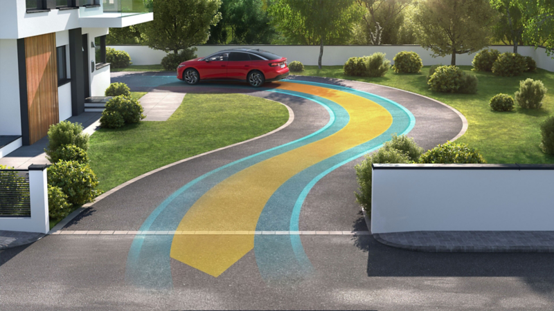 Illustration zeigt schematisch anhand eines VW ID.7 GTX die Funktionsweise des Rückfahrassistenten.