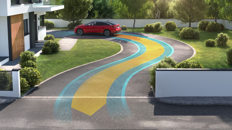 Illustration zeigt schematisch anhand eines VW ID.7 GTX die Funktionsweise des Rückfahrassistenten.