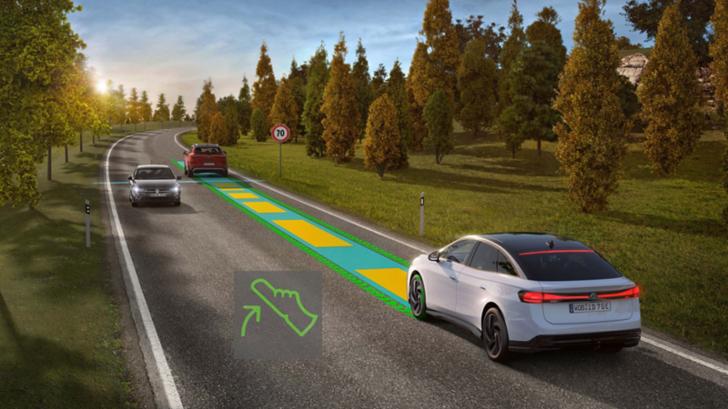 Illustration zeigt schematisch anhand eines VW ID.7 die Funktionsweise der Eco-Assistenz.