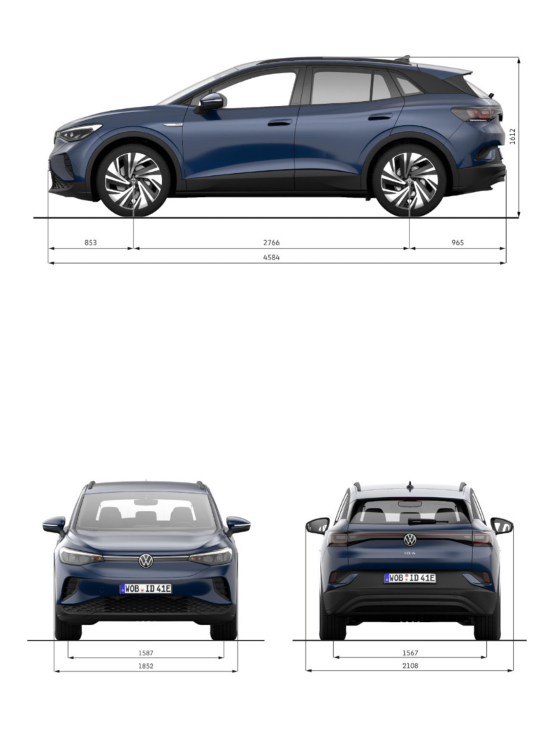 Wymiary ID.4 przedstawione na granatowym pojeździe