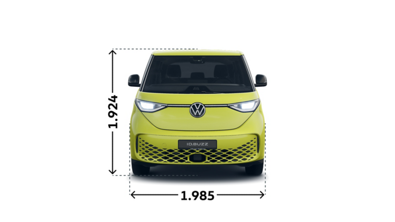 Der VW ID. Buzz "ENERGY" mit langem Radstand von vorne.