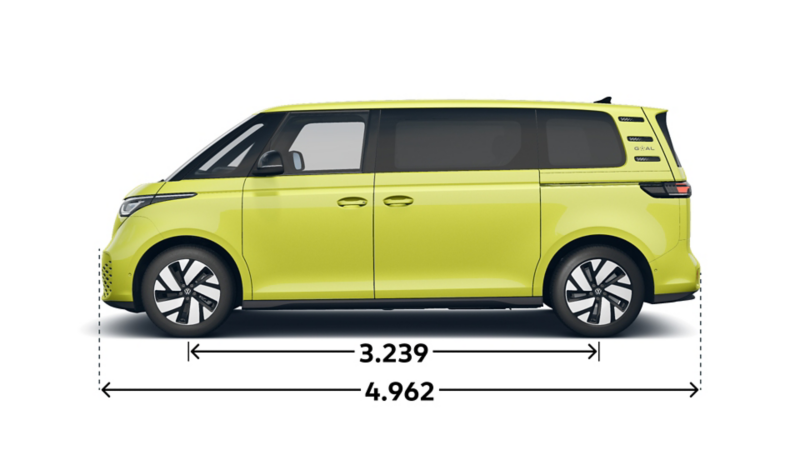 Der VW ID. Buzz "ENERGY" mit langem Radstand von der Seite.