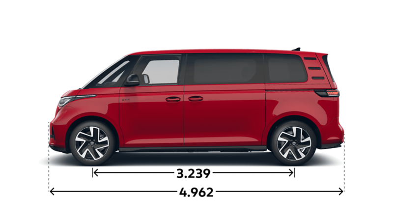 Der VW ID. Buzz GTX 4MOTION mit langem Radstand von der Seite.