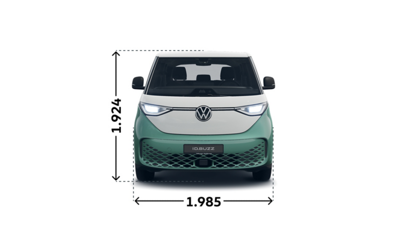 Måttskisser framifrån av en VW ID. Buzz